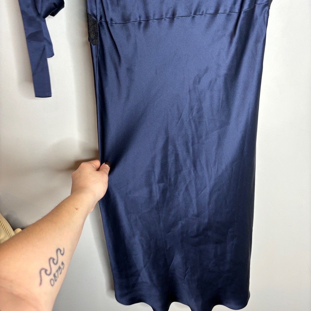 Reformation Navy Satin Midi Dress with Black Lace Trim - Picture 7 of 9